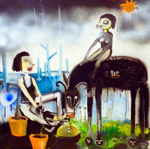 Silvia Argiolas, Il mio amico cattivo sostiene da anni un cuore che ride nello stomaco, olio e smalto su tela, 60x60 cm., 2012