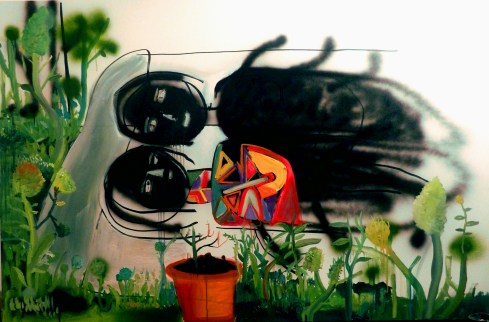 100x150due corpi ragni , con delle geometrie nel petto , dal collo al cuore   olio e vernice spray su tela 2013-1