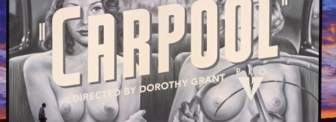 Eric White, Down In Front The Company She Keeps, 2014, olio su tela, 56x152 cm