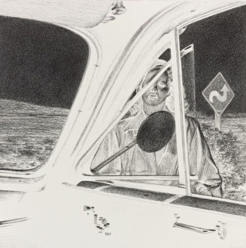 Eric White, Gun crazy inverse - 1948 Cadillac series 62 backseat, 2014, matita su carta