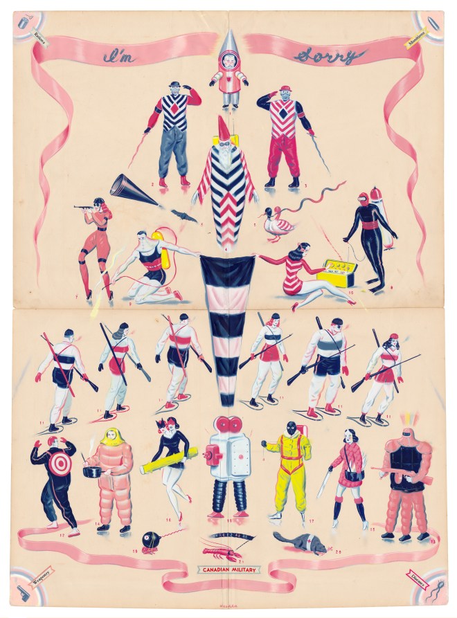 Ryan Heshka, Canadian Military, 2015, gouache, collage and mixed media on vintage paper, 57x77 cm