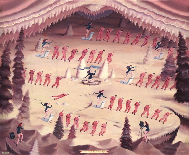 Ryan Heshka, Masters of the Man-Dogs, 2015, acrylic and mixed media on wood, 55x69 cm