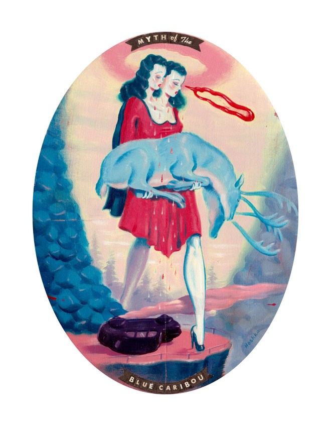 Ryan Heshka, Myth of the Blue Caribou, 2015, acrylic and mixed on illustration board, 14x19 cm