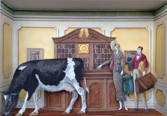 Monolocale 16 (…quella mucca), anno 2015, tecnica mista, cm 21x30