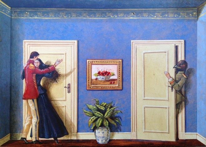 Monolocale 19, (le ciliegie), 2015, acrilico e olio su tela, cm 21x30