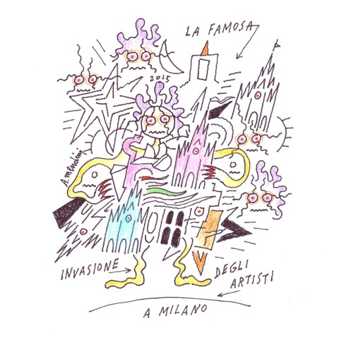 Alessandro Mendini, La famosa invasione degli artisti a Milano, disegno su carta, 2015 