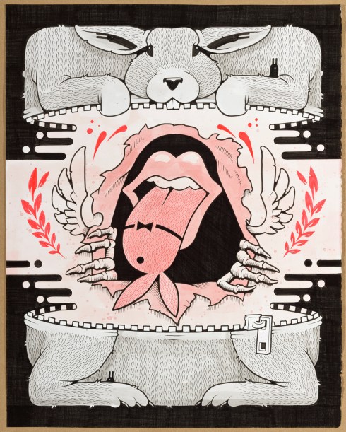 Jeremy Fish, ROLLING RIPPER, 2015, ink on paper, hand carved wood frame, 40,6x50,8 cm