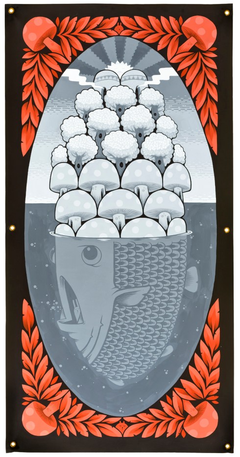 Jeremy Fish, THE MUSHROOM MANSIONS, 2015, acrylic on canvas, 81,3x160 cm