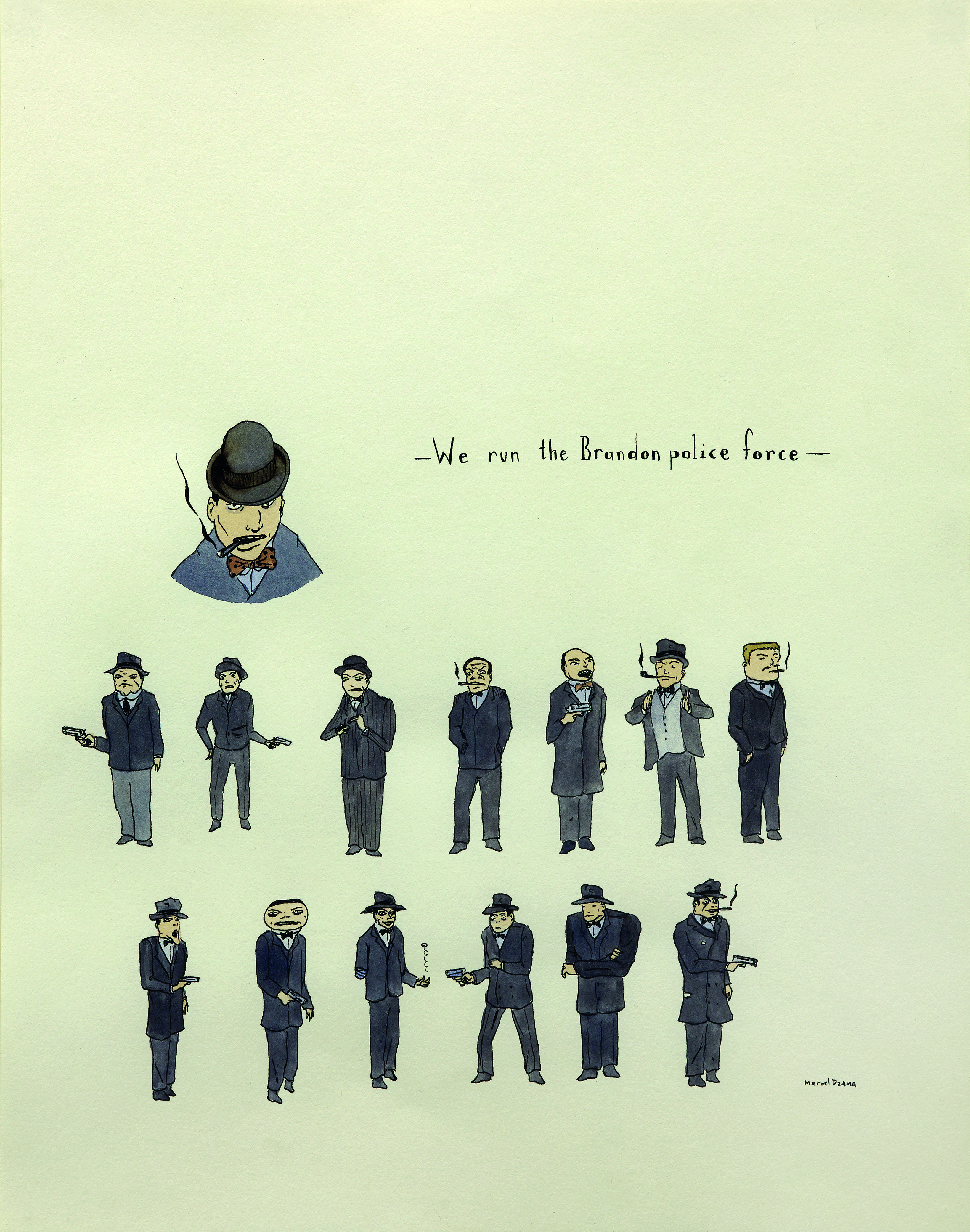 Marcel Dzama, We run the Brandon police force, inchiostro e acquarello su carta, 35,5x27,5 cm, 2000