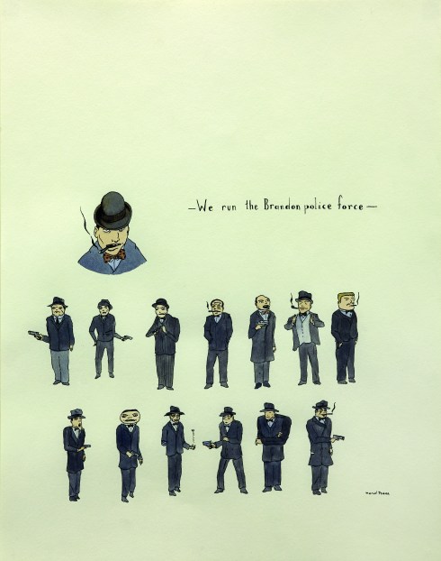 Marcel Dzama, We run the Brandon police force, inchiostro e acquarello su carta, 35,5x27,5 cm, 2000