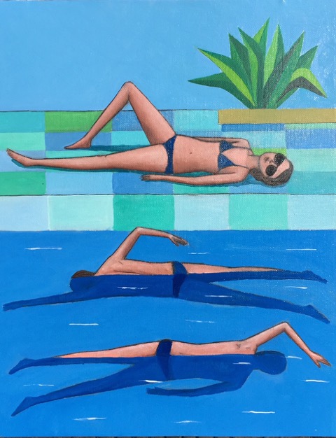 Donna bordo vasca e 2 nuotatori